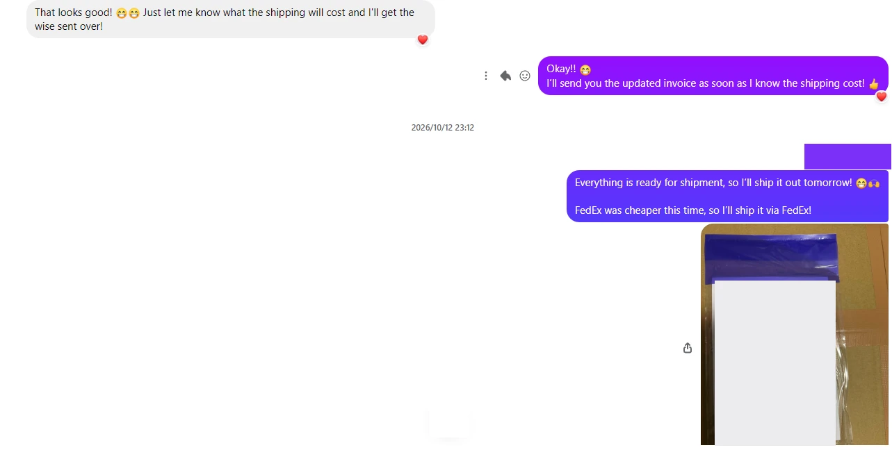 Chat: the customer confirms, then we send a dispatch message with a photo of the packed parcel; tracking number and label hidden